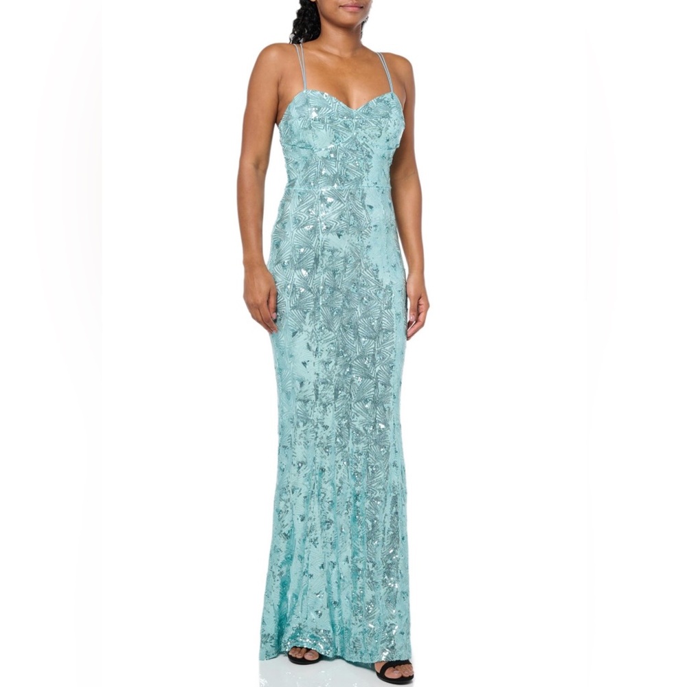 Speechless Seafoam Light Blue Sequin Maxi Slip Dress Size 3 Juniors Prom Gown - Picture 3 of 16